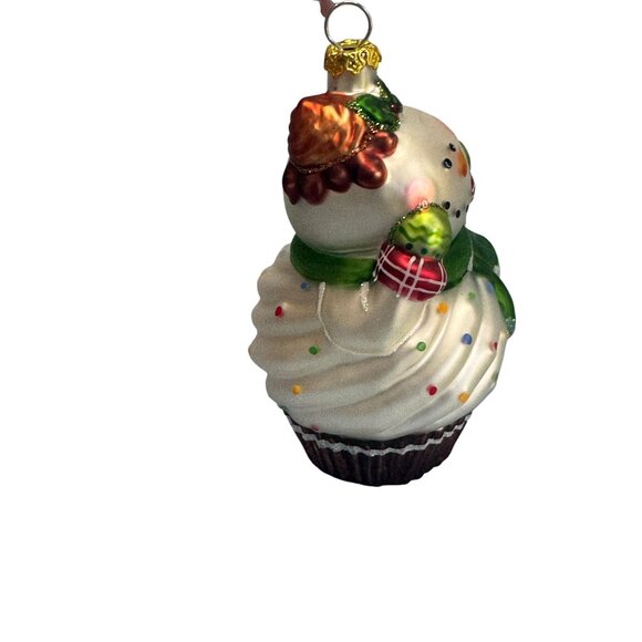 Snowman Cupcake Glass Ornament Blown White Green 4.5" - Picture 3 of 4